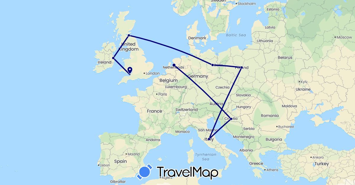 TravelMap itinerary: driving in Germany, United Kingdom, Croatia, Ireland, Italy, Netherlands, Poland (Europe)